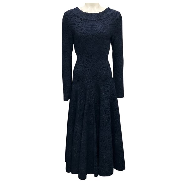 Alaia Navy / Black Metallic Long Sleeved Flared Knit Midi Dress